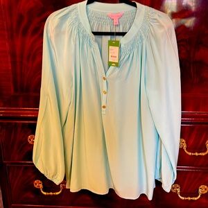 Lilly Pulitzer, silk, long sleeve blouse, aqua, large, new tags